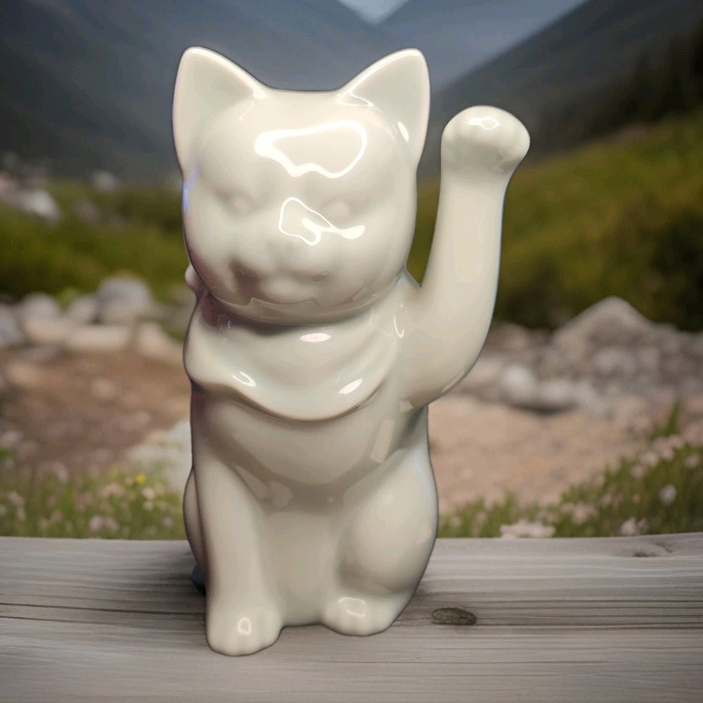 Celadon Maneki Neko Cat 9" Tall Beckoning Wealth and Prosperity Vintage - Picture 2 of 4